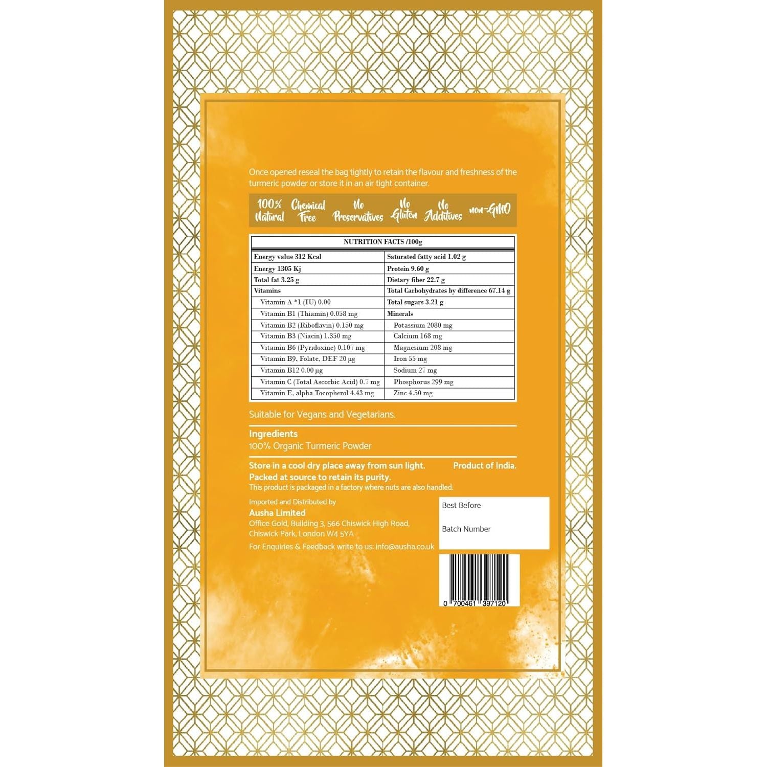 Ausha Organic Turmeric Powder 500G 5-6% High Curcumin - UK Certified Organic by Soil Association - Cooking, Turmeric Shot - 1* Great Taste Award 2023