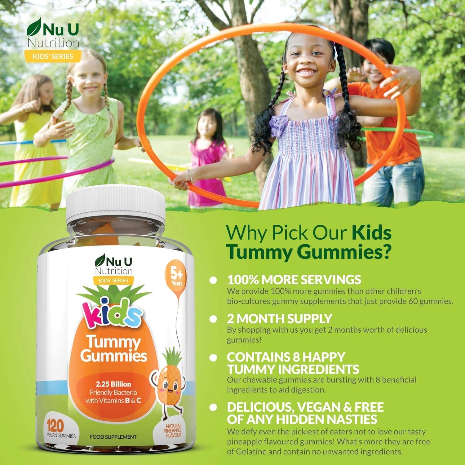Kids Tummy Gummies - Friendly Probiotics for Children - 120 Vegan Vitamin Gummies - Pineapple Flavour - Lactobacillus and Bifidobacterium & Vitamin B3, B5, B6 & C for Gut Health - Nu U Nutrition