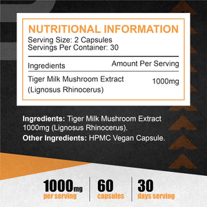 Tiger Milk Mushroom Capsules 1000Mg - High Strength | 60 Capsules | Natural Adaptogen for Immunity & Respiratory Health | Supports Daily Wellness & Vitality | 1 Month Supply, 2 a Day