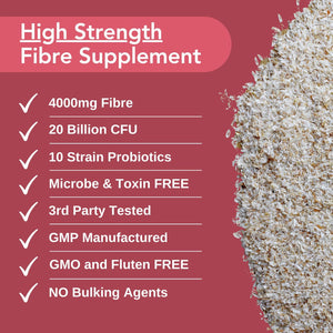Powerful 4000Mg Psyllium Husk Fibre with Probiotics – 20 Billion CFU with 10 Strains – Natural Easy to Absorb Fibre from Plantago Ovata Seeds - 120 Capsules to Promote Regularity & Digestive Health
