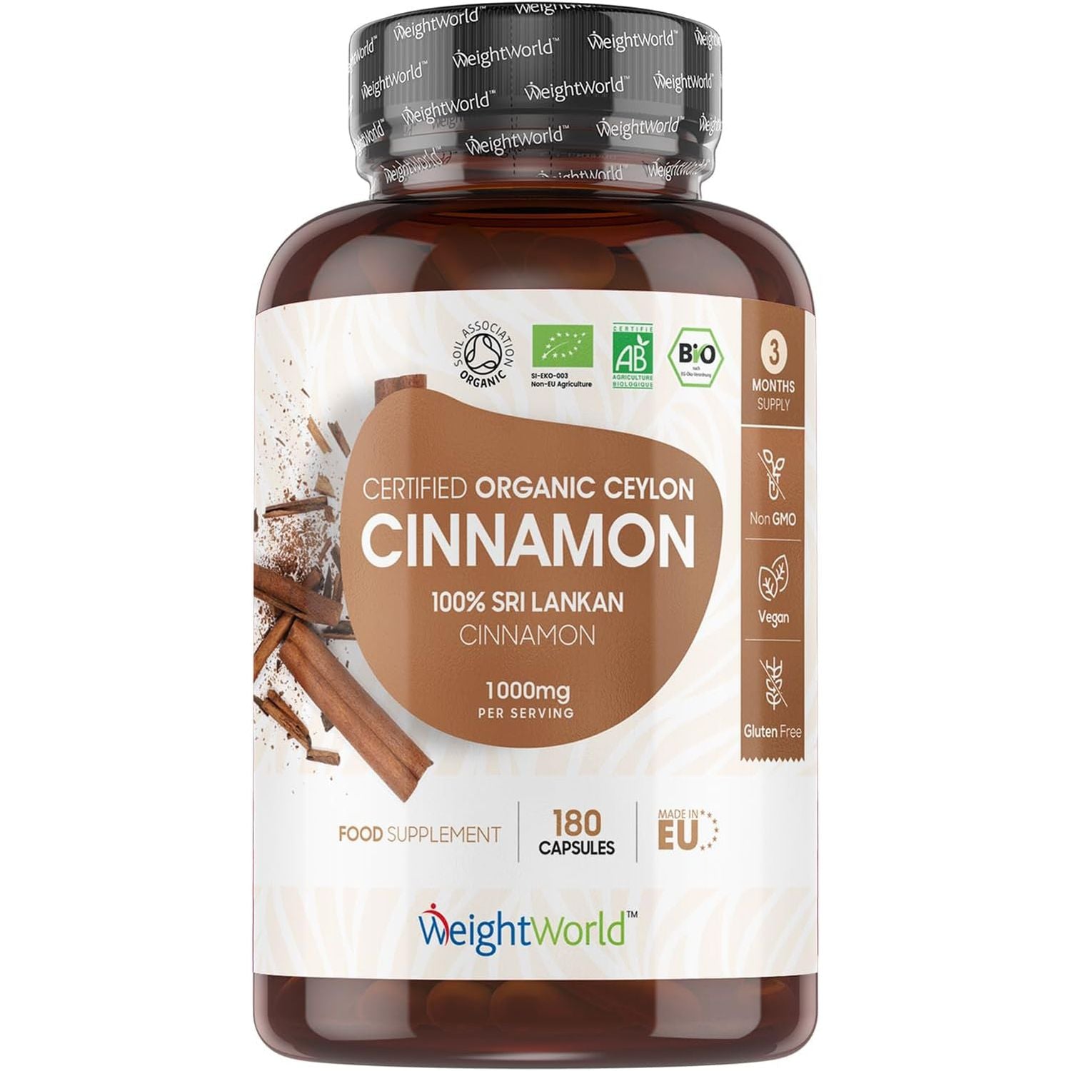 Organic Cinnamon Capsules 1000Mg - 180 Vegan Capsules - 3 Months Supply - Ceylon Cinnamon Powder - Soil Association Certified Supplement - GMO & Gluten Free