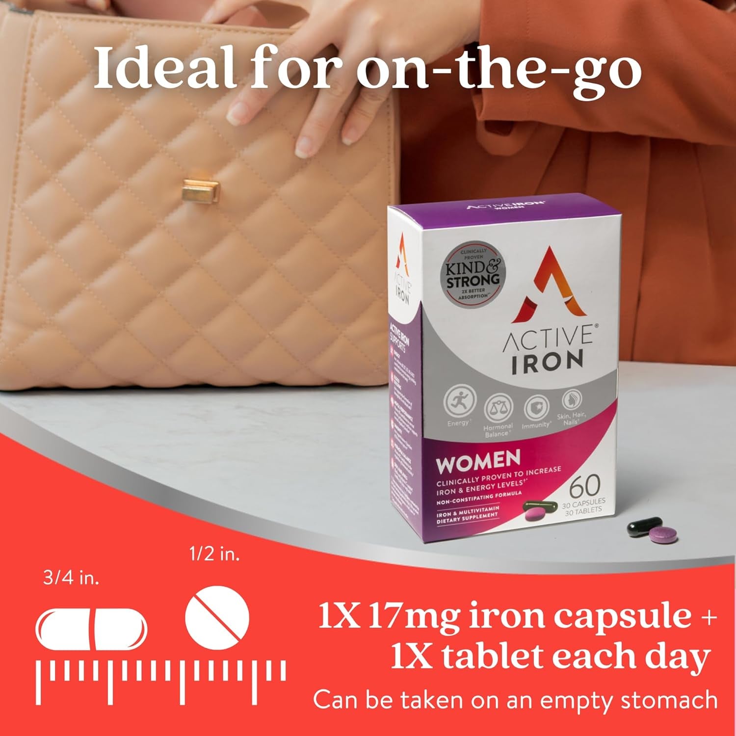 Active Iron Women with Active Multivitamin Supplement 17 Mg, High Strength B Vitamins, Non-Constipating, 30 Iron Capsules & 30 Active Multivitamins, 1 Month Supply