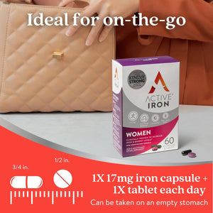 Active Iron Women with Active Multivitamin Supplement 17 Mg, High Strength B Vitamins, Non-Constipating, 30 Iron Capsules & 30 Active Multivitamins, 1 Month Supply