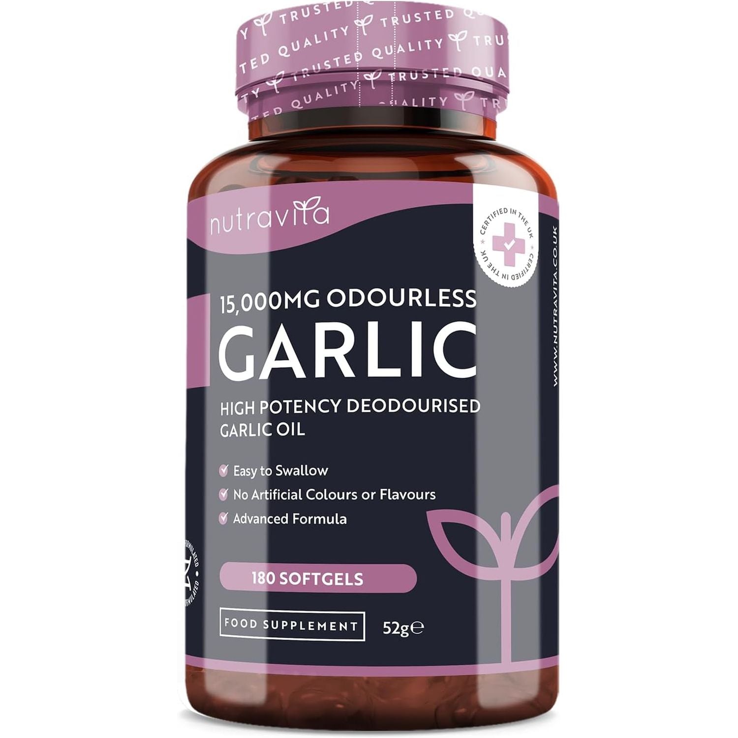 Premium Garlic Capsules - Odourless High Strength 15,000Mg - 180 Soft Gel Capsules of Deodourised Cold Pressed Garlic Oil from Allium Sativum – 6 Month Supply - Made in the UK by Nutravita