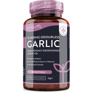 Premium Garlic Capsules - Odourless High Strength 15,000Mg - 180 Soft Gel Capsules of Deodourised Cold Pressed Garlic Oil from Allium Sativum – 6 Month Supply - Made in the UK by Nutravita