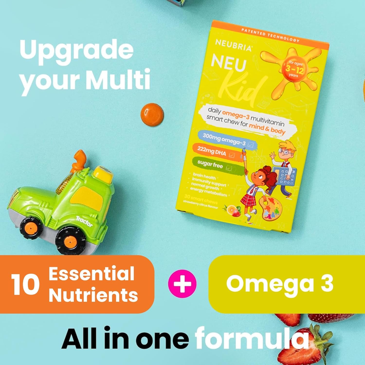 NEUBRIA NEU Kid Multivitamin & Omega-3 - Children Vitamins A, C, D, E, B Complex & Fish Oil for Kids - Sugar-Free Natural Soft Chews for Daily Wellness - UK Made, 30 Chewables