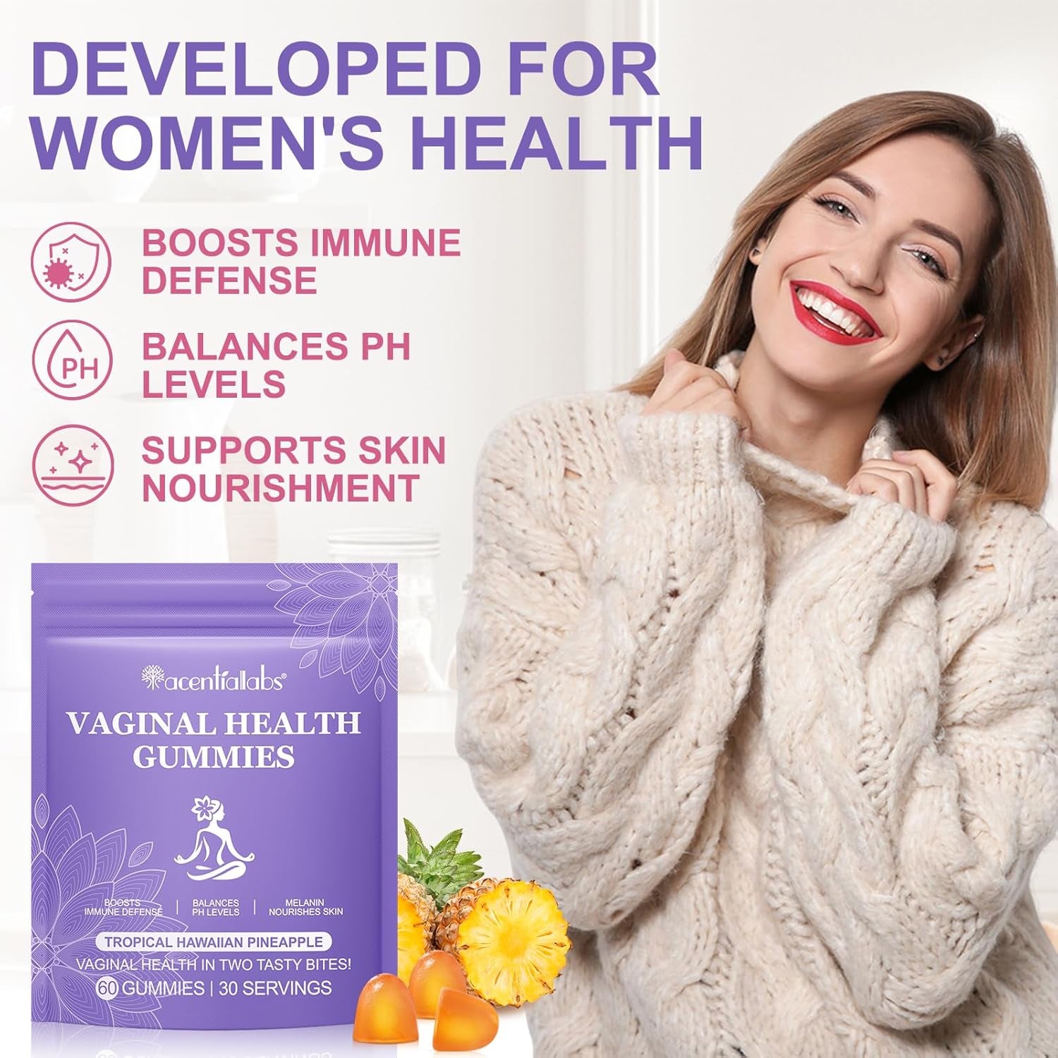 Feminine Balance Gummies 60 Pcs – Hawaiian Pineapple Flavour PH Balance & Immune Support for Women of All Ages, Gluten-Free & Vegan