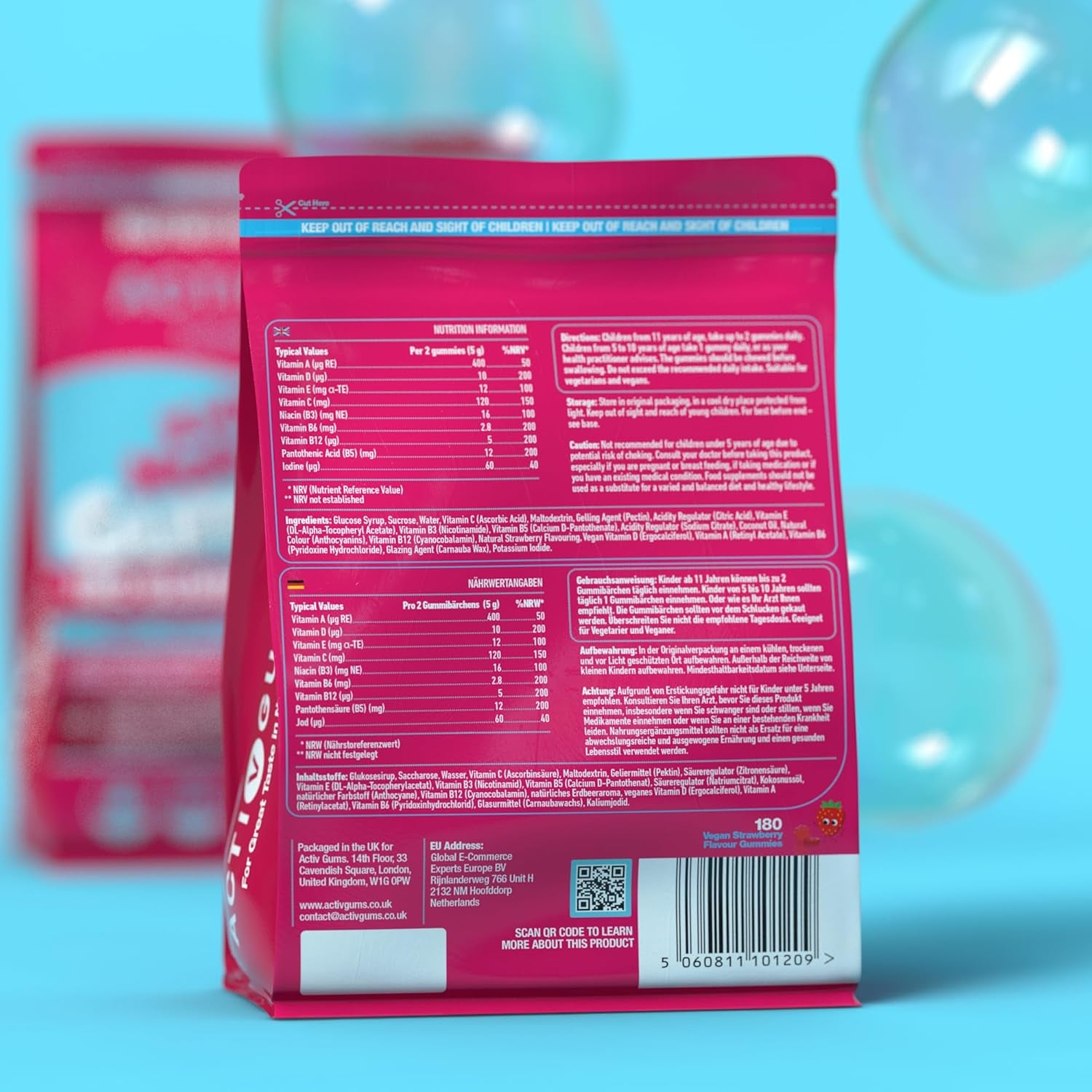 Kids Multi Vitamins 180 Vegan Gummies | Strawberry Flavour | Pouch with 9 Essential Vitamins A, D, E, C, B3, B6, B12, B5 & Iodine | Resealable & Recyclable | Suitable for Kids Age 5+ by Activgums®