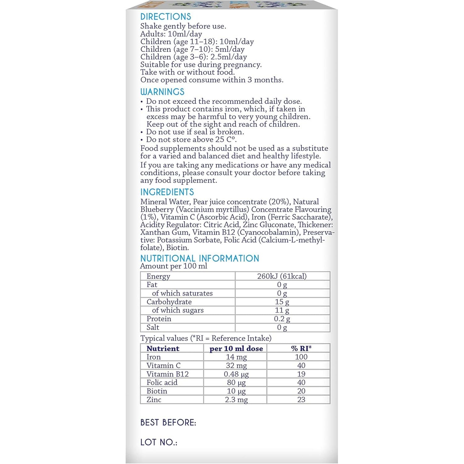 Blueiron Liquid Iron Supplement with Nordic Blueberries + Vitamin C, Vitamin B12, Folic Acid, Biotin and Zinc | 250Ml | Suitable for Vegans | Easily Absorbed and Gentle on the Stomach
