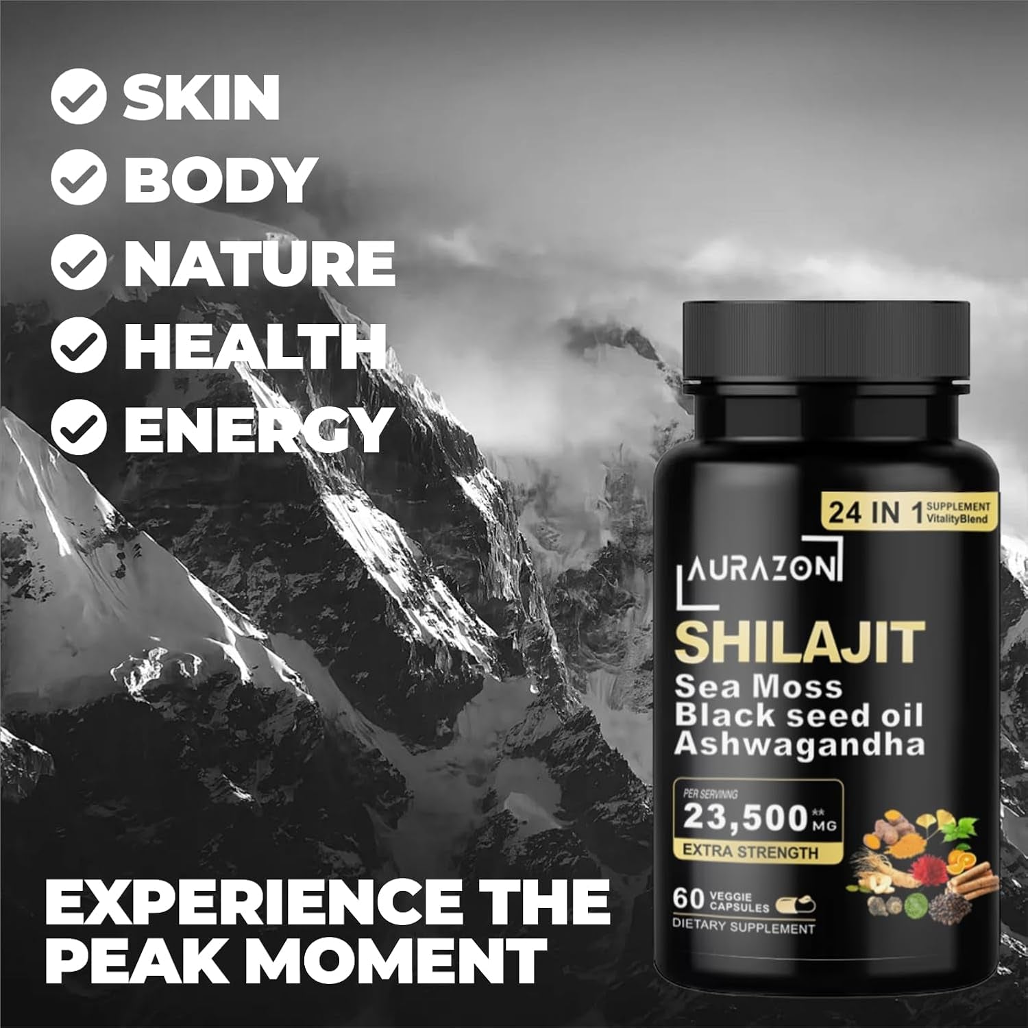 Aurazon Pure Himilayan Shilajit Enriched with Ashwagandha,Sea Moss,Black Seed Oil & Rhodiola Rosea, High Strength 23500 Mg Shilajit Complex Capsules with 2 Months Supply for Both Men and Women