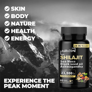 Aurazon Pure Himilayan Shilajit Enriched with Ashwagandha,Sea Moss,Black Seed Oil & Rhodiola Rosea, High Strength 23500 Mg Shilajit Complex Capsules with 2 Months Supply for Both Men and Women