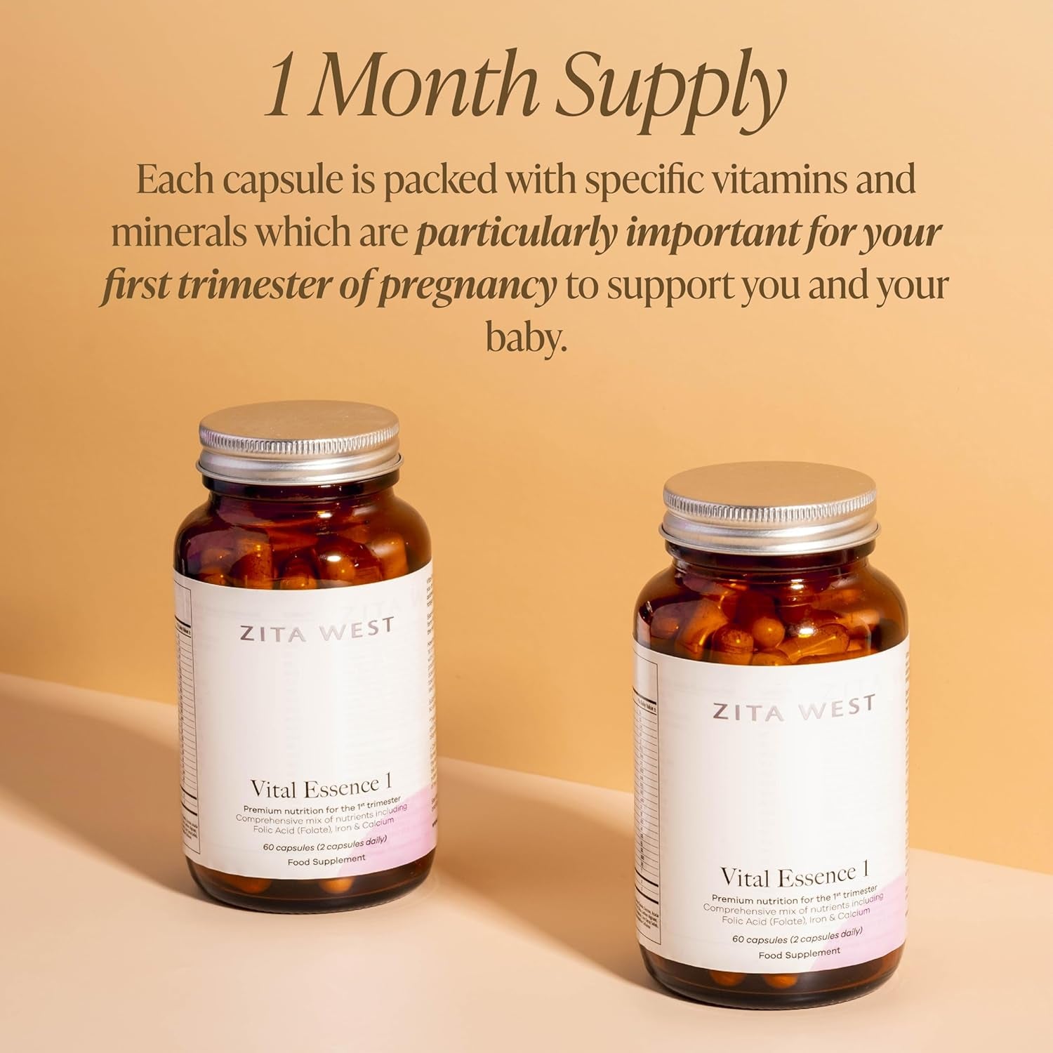 Zita West Vital Essence 1 - Premium First Trimester Pregnancy Vitamin & Mineral Support, Essential for Early Pregnancy - 60 Capsules (1 Month Supply)
