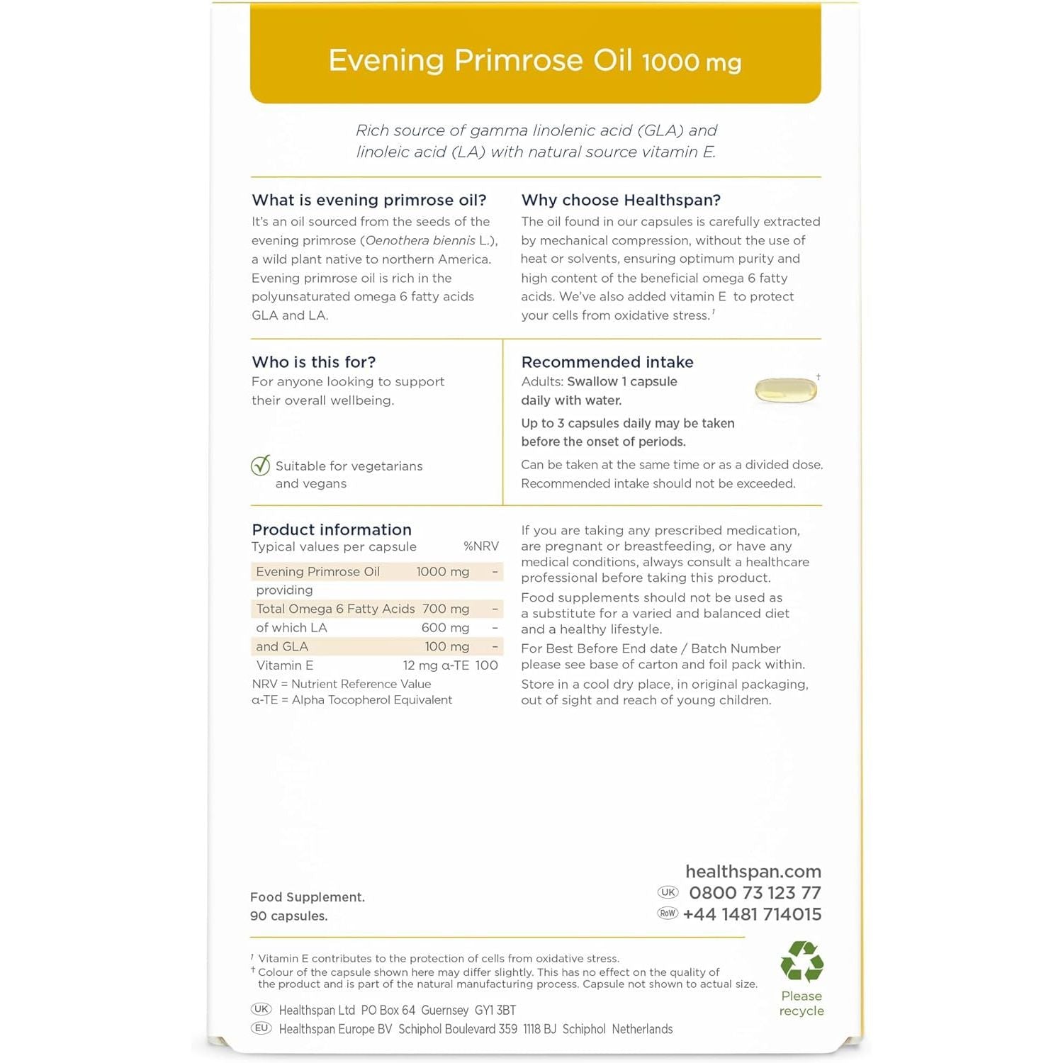 Healthspan Evening Primrose Oil | Support Women'S Health | Helps Maintain Hormonal Balance | Rich Source of Omega 6 Fatty Acids | Added Vitamin E | Vegan (180 Capsules, 1,000Mg)