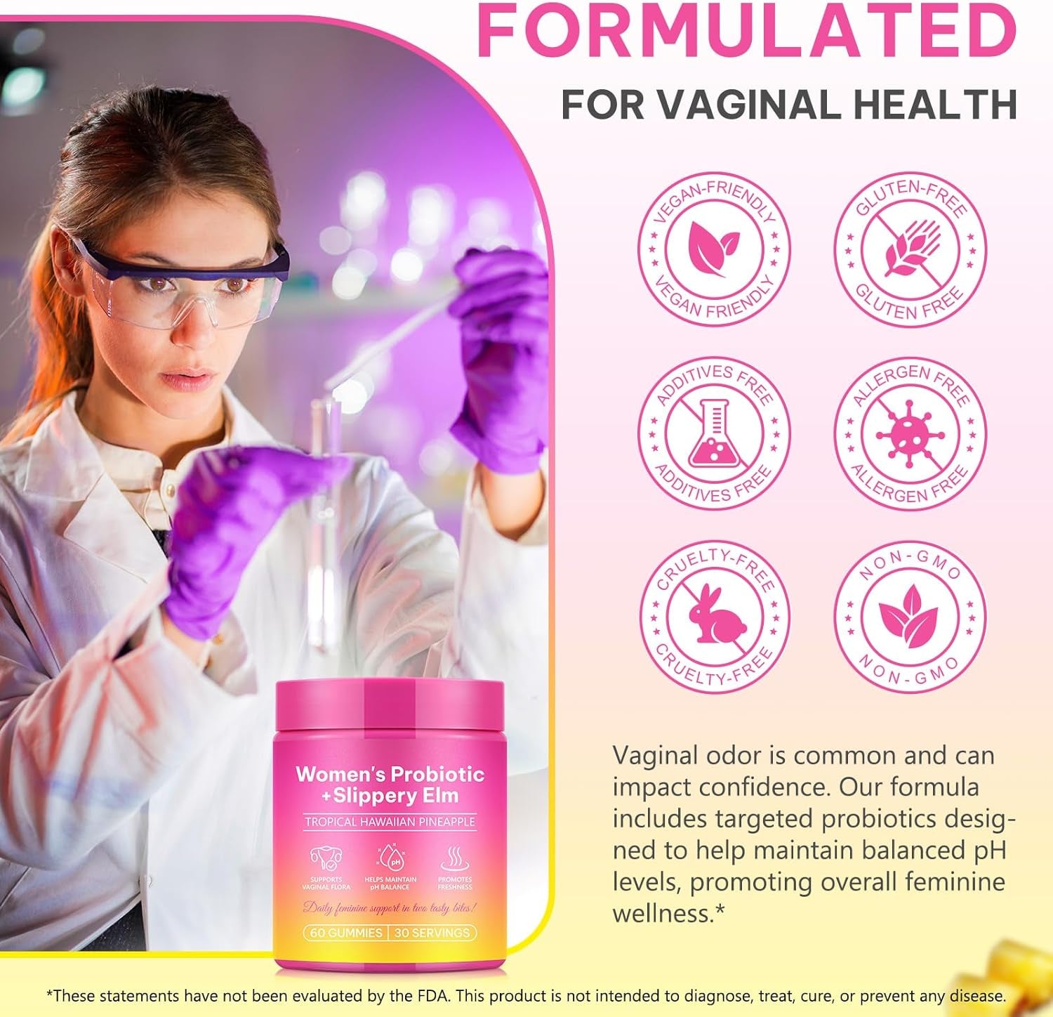 Probiotics for Women Gummies with Slippery Elm, Vegan Intimate Feminine Balance Probiotics Gummies Pineapple Flavor Supports Ph Balance, Gut Health & Immune System 60 Gummies