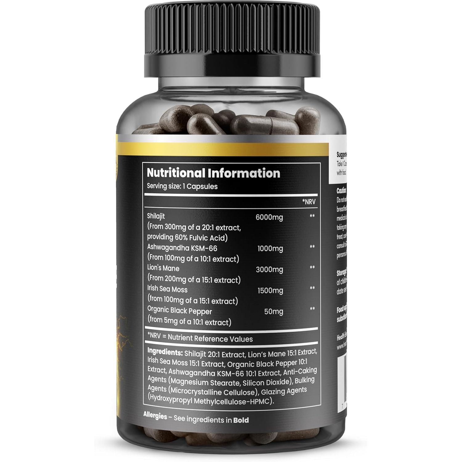 Sea Moss Shilajit Lion Mane 3 in One, with Added Ashwagandha and Black Pepper, 11500Mg Superfood Blend for Vitality & Immunity, Energy and Brain Health - 120 Vegan Capsules by Healthessent