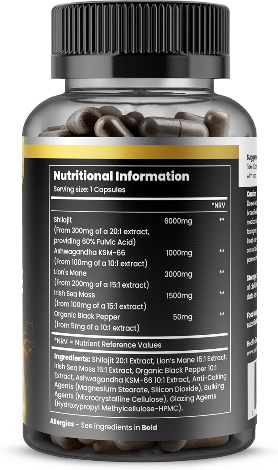 Sea Moss Shilajit Lion Mane 3 in One, with Added Ashwagandha and Black Pepper, 11500Mg Superfood Blend for Vitality & Immunity, Energy and Brain Health - 120 Vegan Capsules by Healthessent