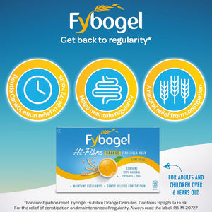 Fybogel Hi-Fibre, Orange, 30 Sachets, Ispaghula Husk, Constipation Relief, Maintains Regularity, Fibre, Easy to Use, Helps Digestive System, Natural, Laxatives, Digestion and Nausea