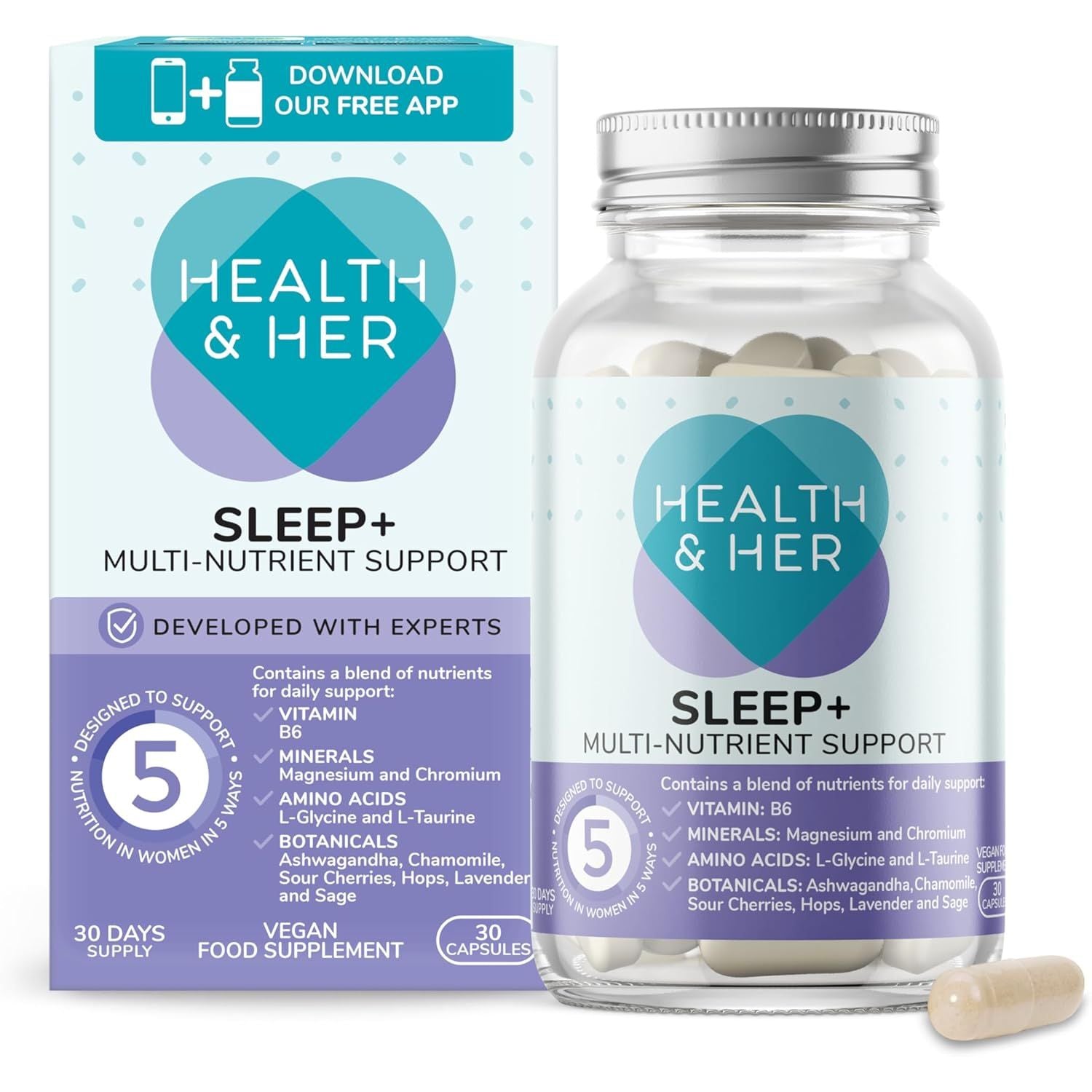 Health & Her Sleep+ Supplements for Women - 1 Month Supply, 30 Capsules - Women'S Multivitamin with Lavender, Chamomile & Magnesium - Vegan, Gluten-Free