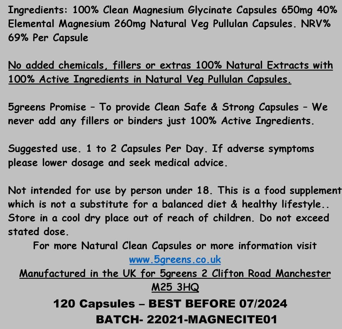 Magnesium Glycinate Capsules | 650Mg Glycinate Capsules | 120 Vegan Caps Vegan Caps | Made in UK by 5Greens