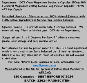 Magnesium Glycinate Capsules | 650Mg Glycinate Capsules | 120 Vegan Caps Vegan Caps | Made in UK by 5Greens