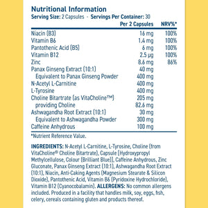 Applied Nutrition - Solutions - Brain Fuel - Capsules with Nootropics, Vitamins, & Panax Ginseng - Best Focus Booster - Enhances Mental Performance - (60 Capsules – 30 Servings)