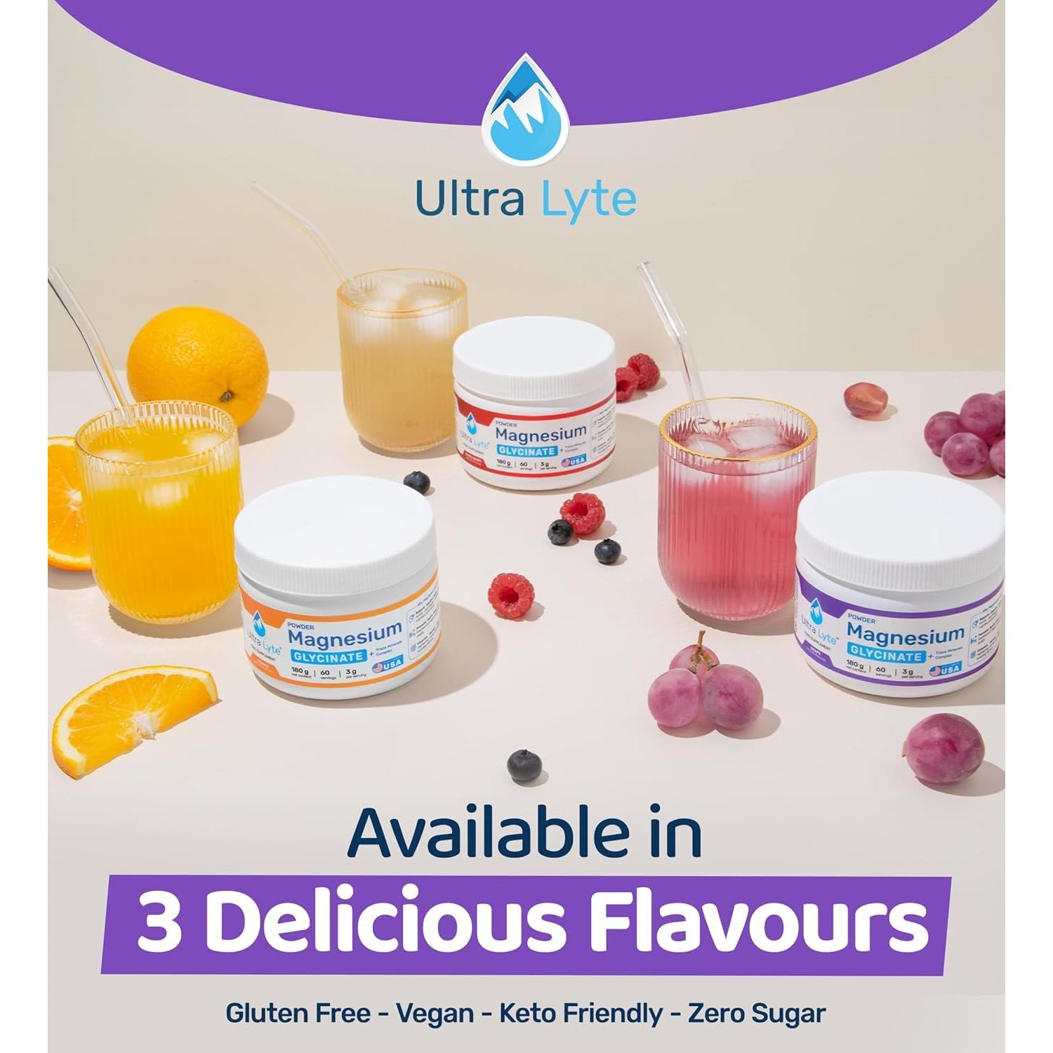 Ultra Lyte Magnesium Glycinate Powder with Trace Minerals 180G – Vegan & Gluten-Free Flavoured Magnesium Supplement – for Sleep Aid, Stress Relief & Muscle Relaxation – 60 Servings (180G, Grape)