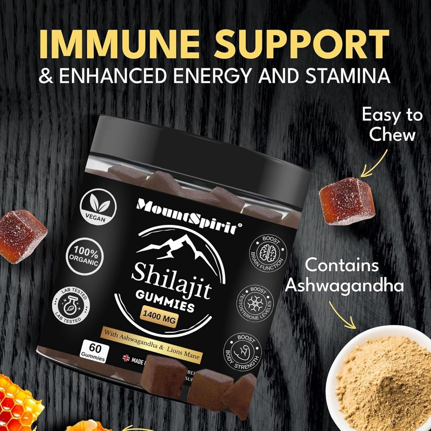 Pure Organic Himalayan Shilajit Gummies with Lion'S Mane Mushroom and Ashwagandha 3-In-1 Max High Strength by Mountspirit™,Fulvic & Humic Acid and 85+ Minerals, for Energy, Immunity & Focus
