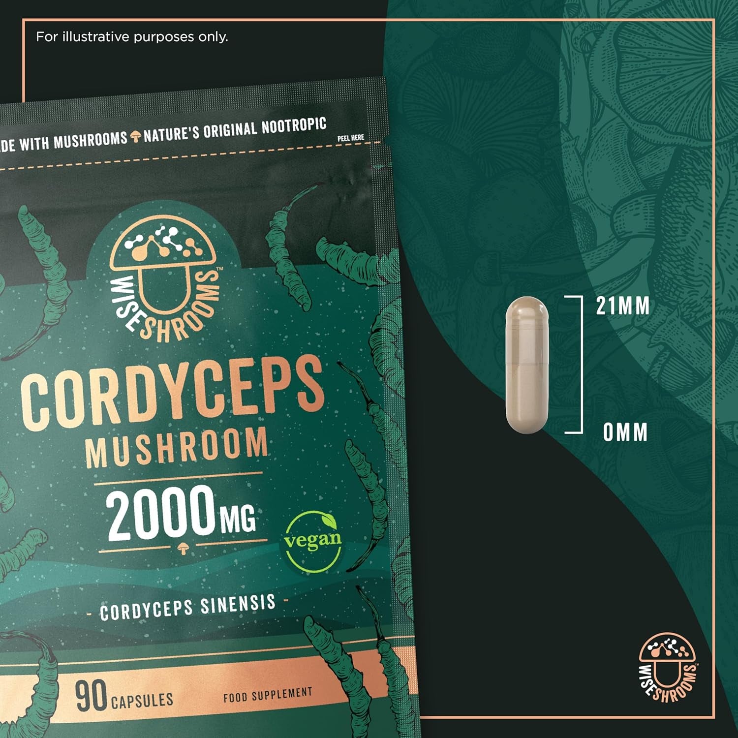 Cordyceps Capsules 2000Mg | Cordyceps Mushroom Extract Supplement | 90 Capsules | Suitable for Vegetarians and Vegans | by Wiseshrooms