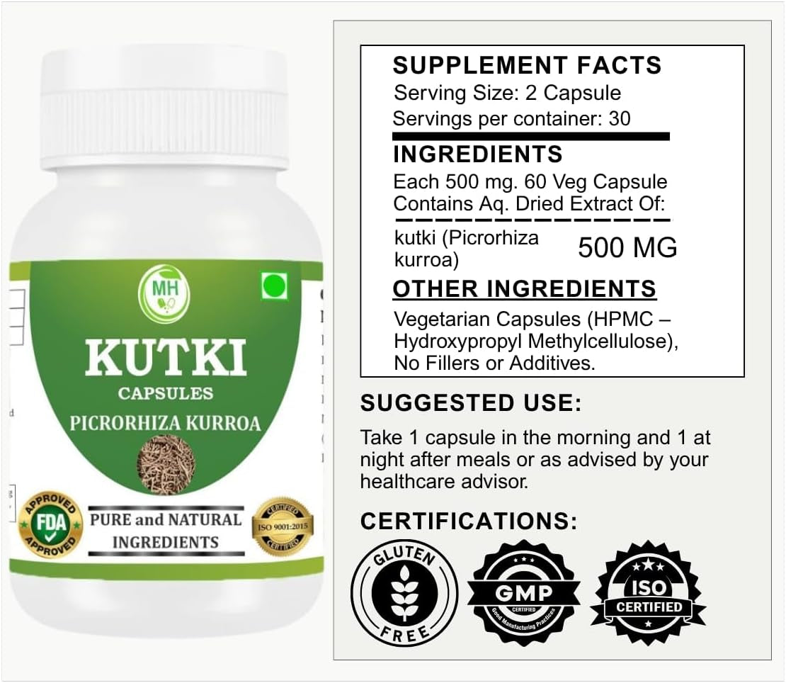 Morsan Healthcare Kutki Capsules 500Mg | Picrorhiza Kurroa | Natural Ayurvedic Herbal Supplement for Liver & Digestion Support | Vegetarian, Gluten Free, GMP Certified | 60 Capsules (Pack of 2)