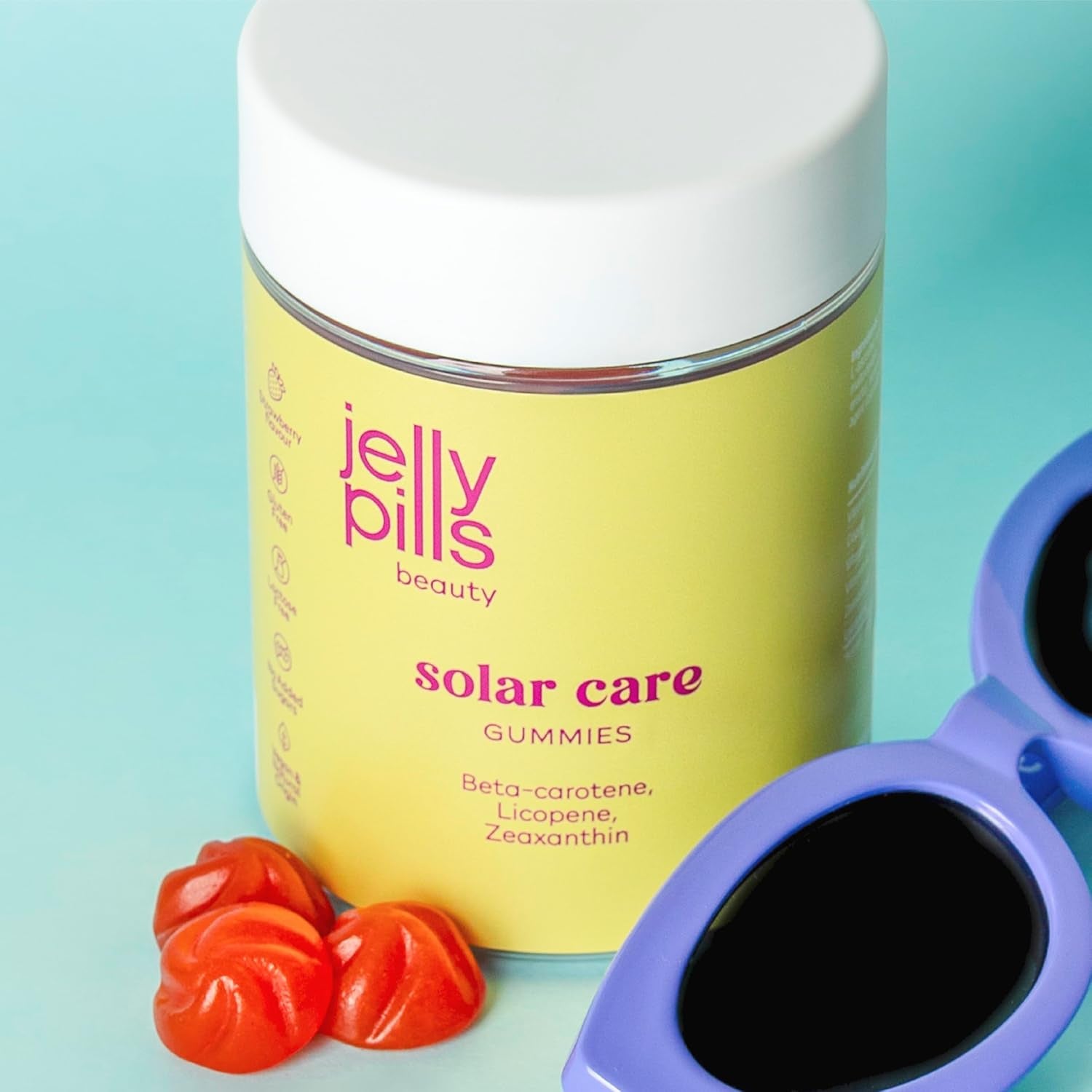 Jelly Pills® Beta Carotene Gummies with Lycopene, Copper and Vitamins A, C and E - No Sugar Added - 60 Strawberry Flavoured Vegan Gummies to Accelerate Your Skin'S Tanning Process