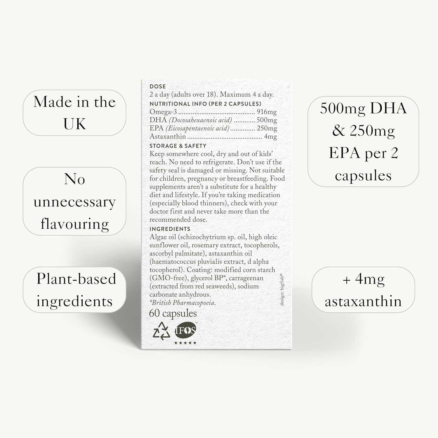 Bare Biology Vegan Omega 3 Algae Oil + Astaxanthin - Vim & Vigour Capsules (30 Servings) EPA 250Mg DHA 500Mg, Sustainably Sourced/Independently Tested for Purity