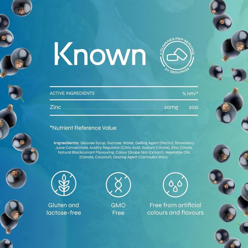 Known Delicious Zinc Gummies - 20Mg Zinc for Immune Support, Hair, Skin & Nails - Natural Blackcurrant Flavour - 60 Vegan Gummies, 1 Month Supply