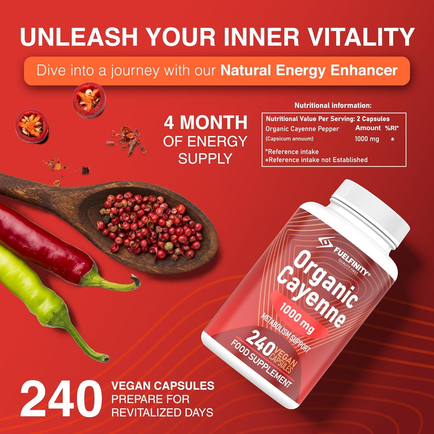 High Strength: Organic Cayenne Pepper Capsules - 1000Mg Capsicum - 240 Capsules - Fat Management Aid Loss - Cayenne Pepper Supplement - Vegan - Fuelfinity® Superlative Quality (1 Pack)