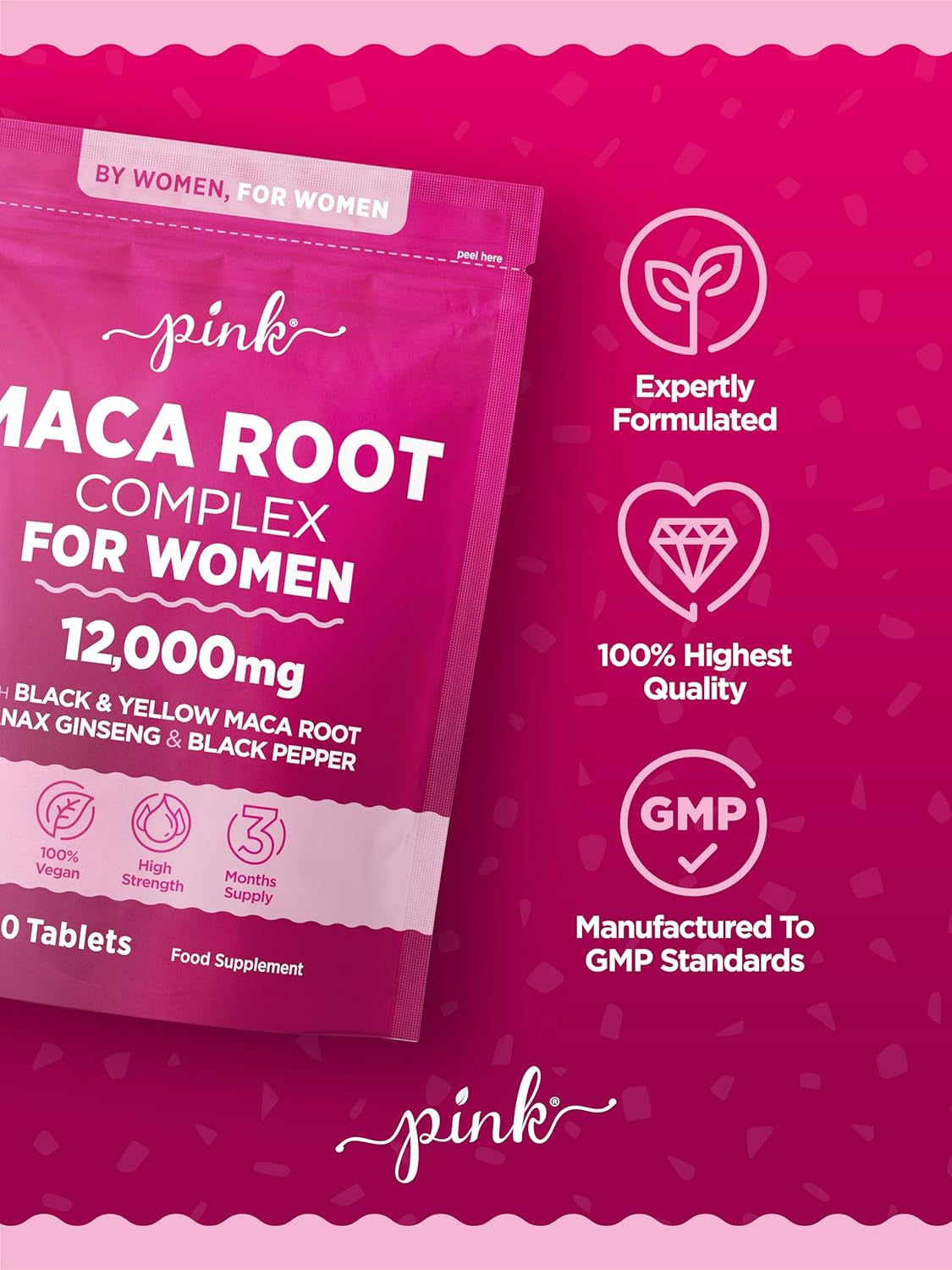 Maca Root Capsules for Women 12,000Mg | Peruvian Maca Supplement | High Strength Black & Yellow Maca Root with Panax Ginseng and Black Pepper | Botanical Supplement to Support Women'S Health | by PINK
