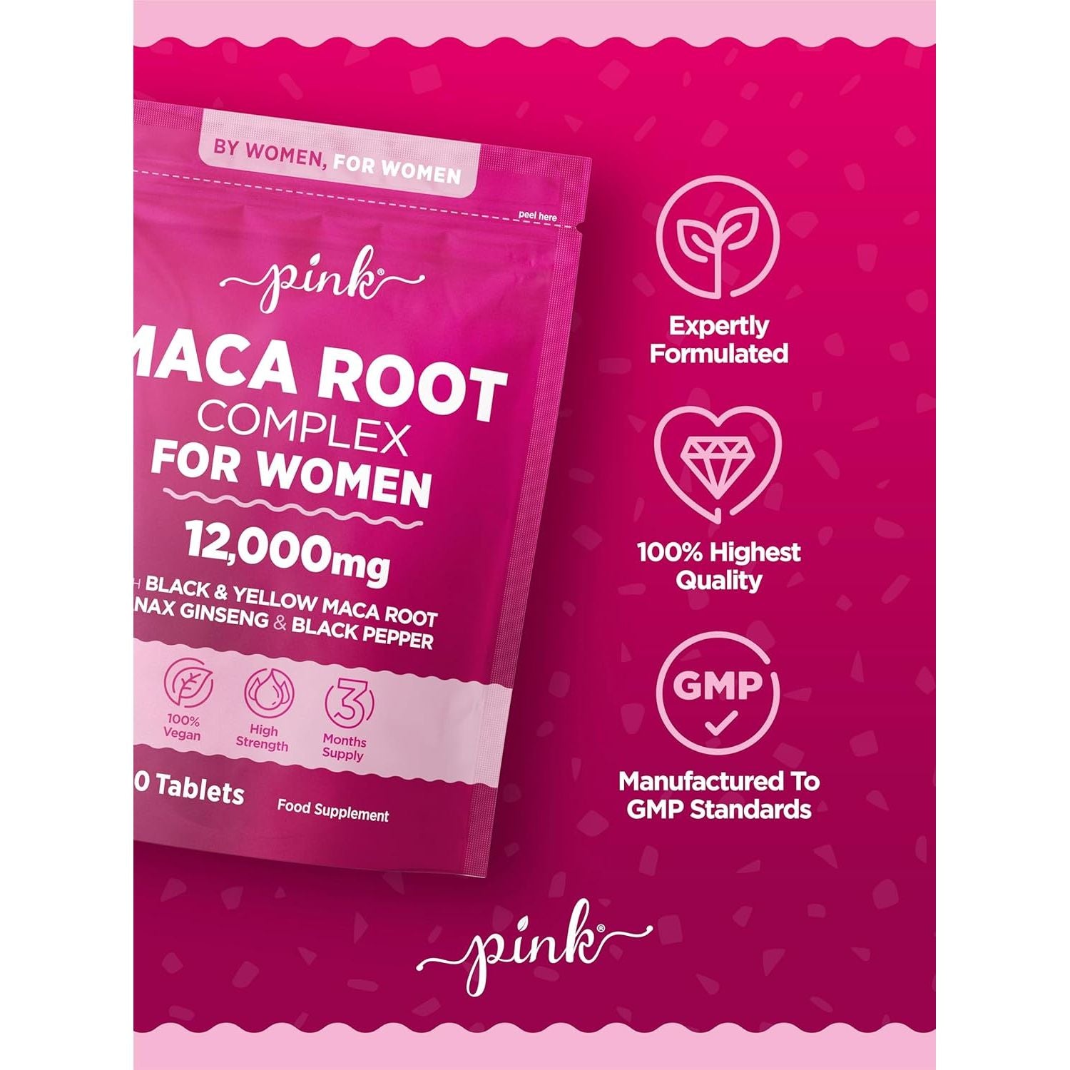 Maca Root Capsules for Women 12,000Mg | Peruvian Maca Supplement | High Strength Black & Yellow Maca Root with Panax Ginseng and Black Pepper | Botanical Supplement to Support Women'S Health | by PINK
