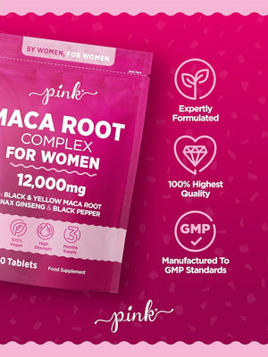 Maca Root Capsules for Women 12,000Mg | Peruvian Maca Supplement | High Strength Black & Yellow Maca Root with Panax Ginseng and Black Pepper | Botanical Supplement to Support Women'S Health | by PINK