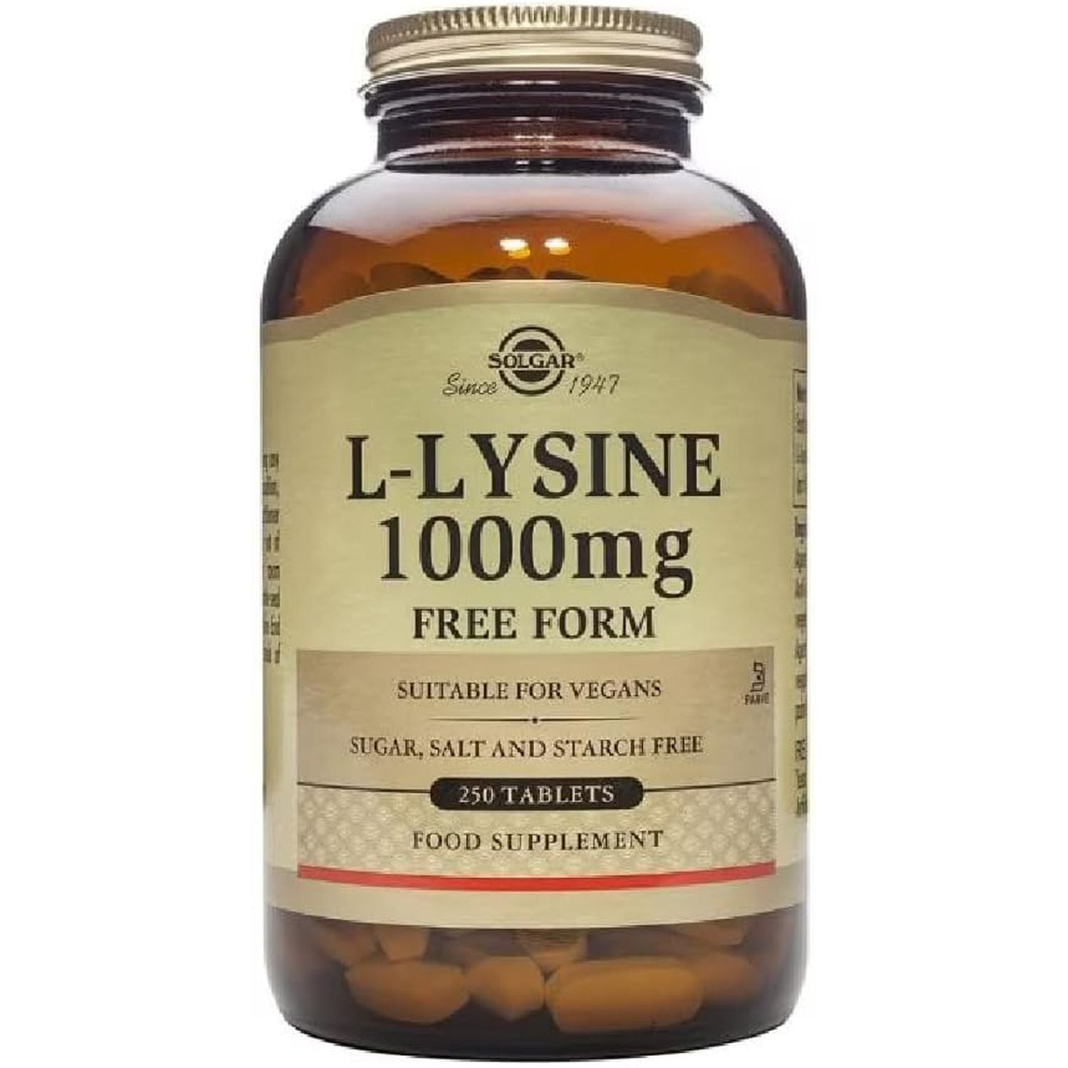 Solgar L-Lysine 1000 Mg - Food Supplement, Pack of 250 Tablets - Premium Amino Acid Range - Vegan, Gluten Free