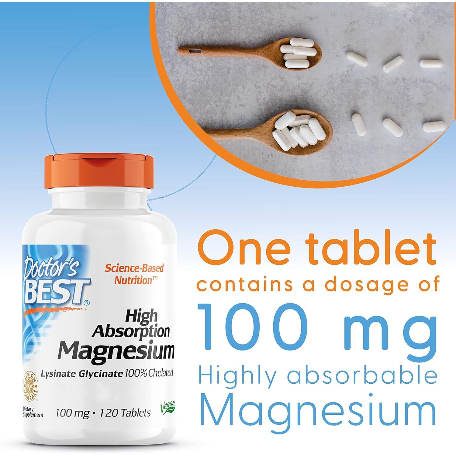 Doctor'S Best, High Absorption Magnesium, 100% Chelated with TRAACS, with Glycine and Lysine, 120 Vegan Tablets, Soya-Free, Gluten-Free, Non-Gmo