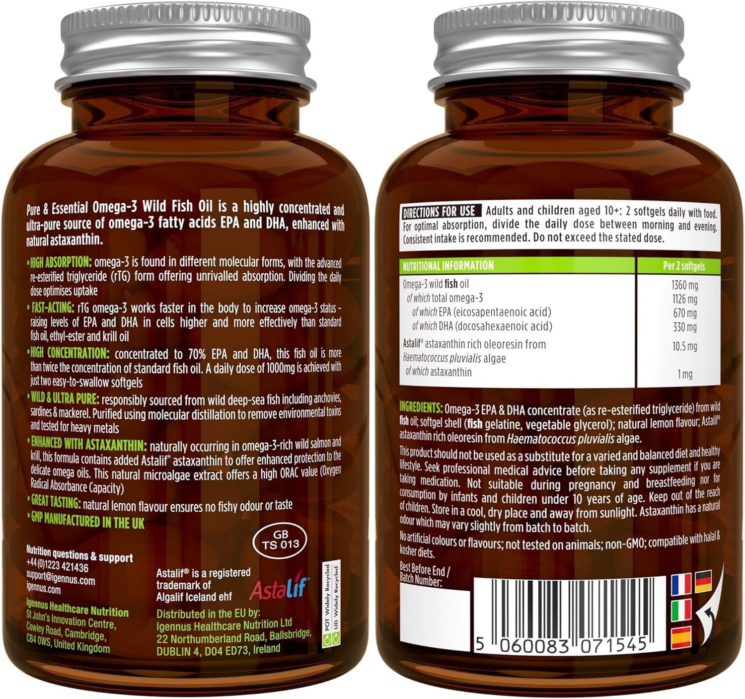 Igennus Omega-3 Wild Fish Oil & Astaxanthin, Highest Grade Triglyceride Rtg, IFOS Certified Ultra Pure, Omega-3 EPA & DHA Fatty Acids 1000Mg, Lemon Flavour, 180 Small Softgels