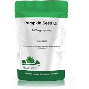 ECO-VITS Pumpkin Seed Oil (2000MG) 120 CAPS. Recyclable Packaging. Sealed Pouch