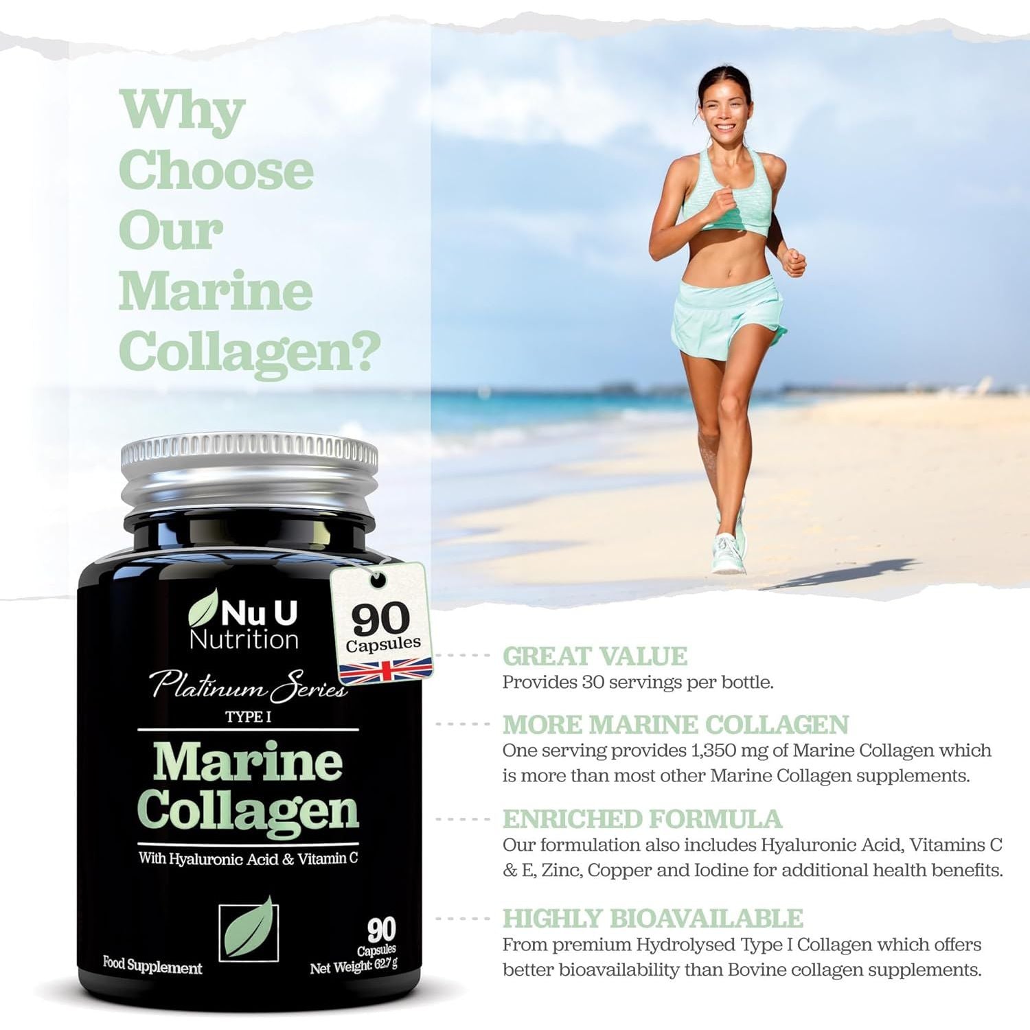 Marine Collagen with Hyaluronic Acid, Vitamin C - 90 Hydrolyzed Capsules (Not Tablets) - Premium High Strength Collagen Supplements for Women & Men - Type 1 Marine Collagen - Nu U Nutrition