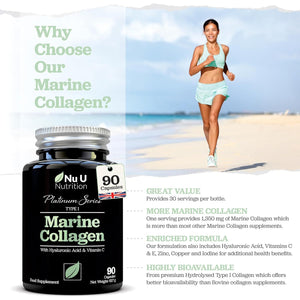 Marine Collagen with Hyaluronic Acid, Vitamin C - 90 Hydrolyzed Capsules (Not Tablets) - Premium High Strength Collagen Supplements for Women & Men - Type 1 Marine Collagen - Nu U Nutrition