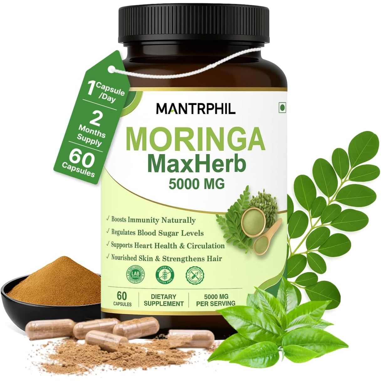 Moringa Capsules 5000Mg - 2 -Month Supply | 60 High-Strength Moringa Capsules | Pure Potent Leaf Extract - No Additives | Vegan, Non-Gmo & Lab-Tested
