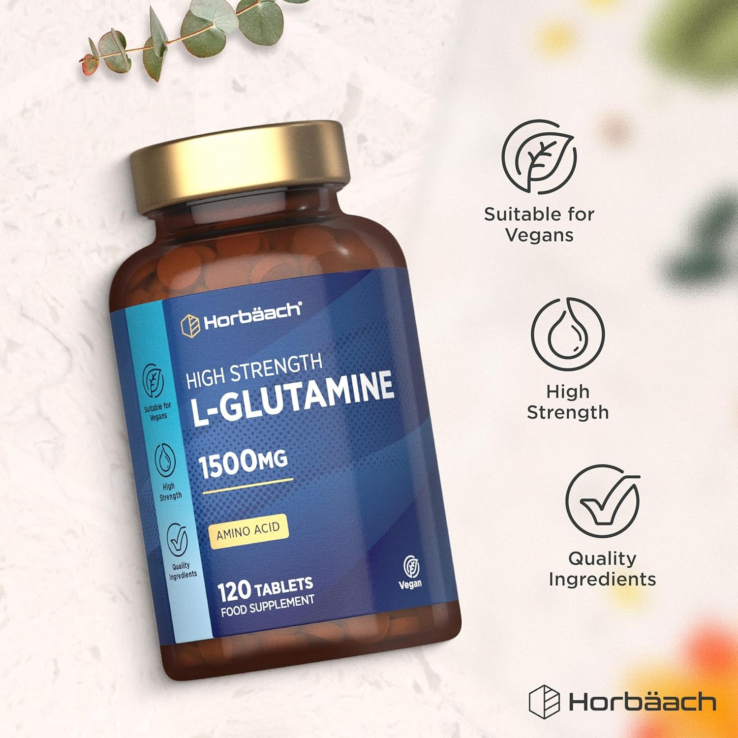 L-Glutamine Tablets 1500Mg | 120 Count | High Strength Amino Acid | Suitable for Vegans and Vegetarians | No Artificial Preservatives | by Horbaach