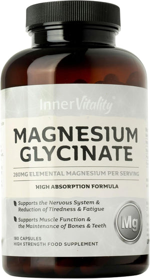 Magnesium Glycinate 180 Capsules (3 Month Supply) 280Mg Elemental Magnesium - High Strength Easy to Absorb Magnesium Supplement with No Additives by Inner Vitality