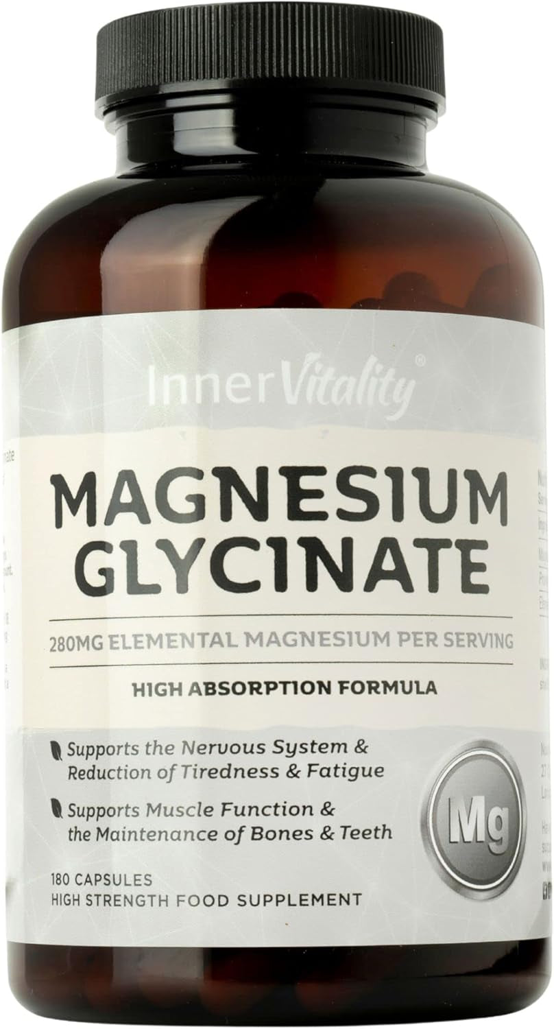 Magnesium Glycinate 180 Capsules (3 Month Supply) 280Mg Elemental Magnesium - High Strength Easy to Absorb Magnesium Supplement with No Additives by Inner Vitality