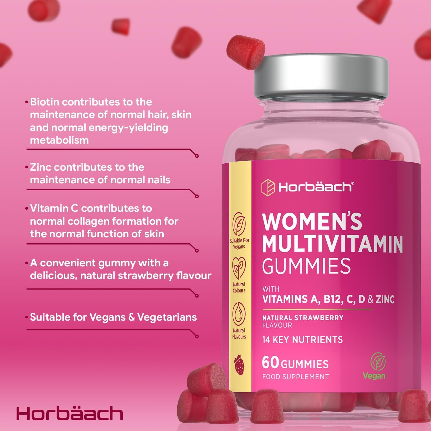 Multivitamin Gummies for Women | 14 Active Ingredients | with Zinc, Vitamins C, Biotin, B6, B12, B9 (Folic Acid) & More! | Hair, Skin and Nails | 60 Vegan Gummies - Natural Strawberry | by Horbaach