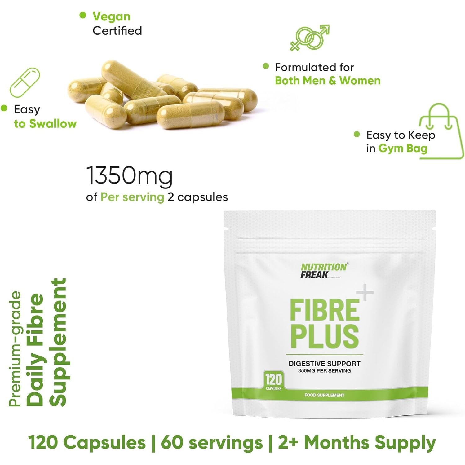 Fibre plus by Freak Athletics - Daily Fibre Supplement - Premium Fibre Capsules with Psyllium Husk, Chia Seed, Baobab Fruit