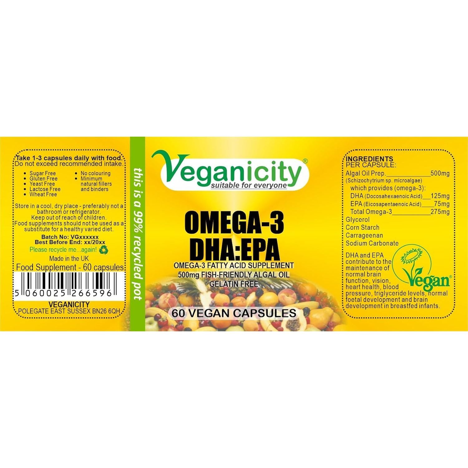 Veganicity Omega-3 DHA:EPA 500Mg : Algal Oil Omega-3 Fatty Acid : 60 Vcaps, in a Planet-Friendly 99% Recycled Pot