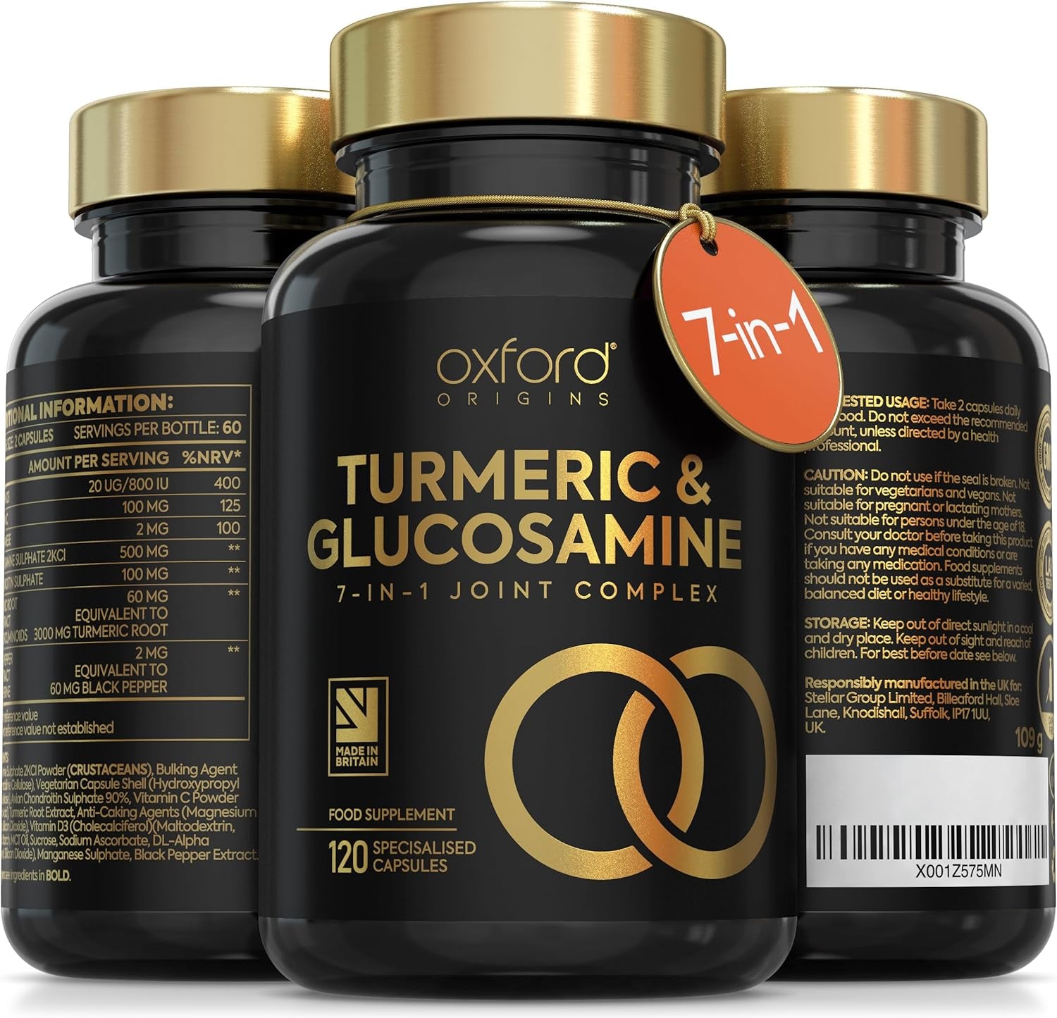7-In-1 Turmeric and Black Pepper Capsules W/Glucosamine and Chondroitin High Strength | Made in the UK | High Absorption Tumeric Supplement | Glucosamine Sulphate & Turmeric Tablets | 120 Capsules